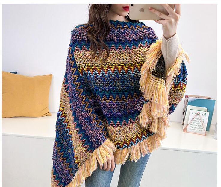 New autumn winter fashion womens colorful gradient color nation ethnic style knitted poncho sweater mantle clock tops
