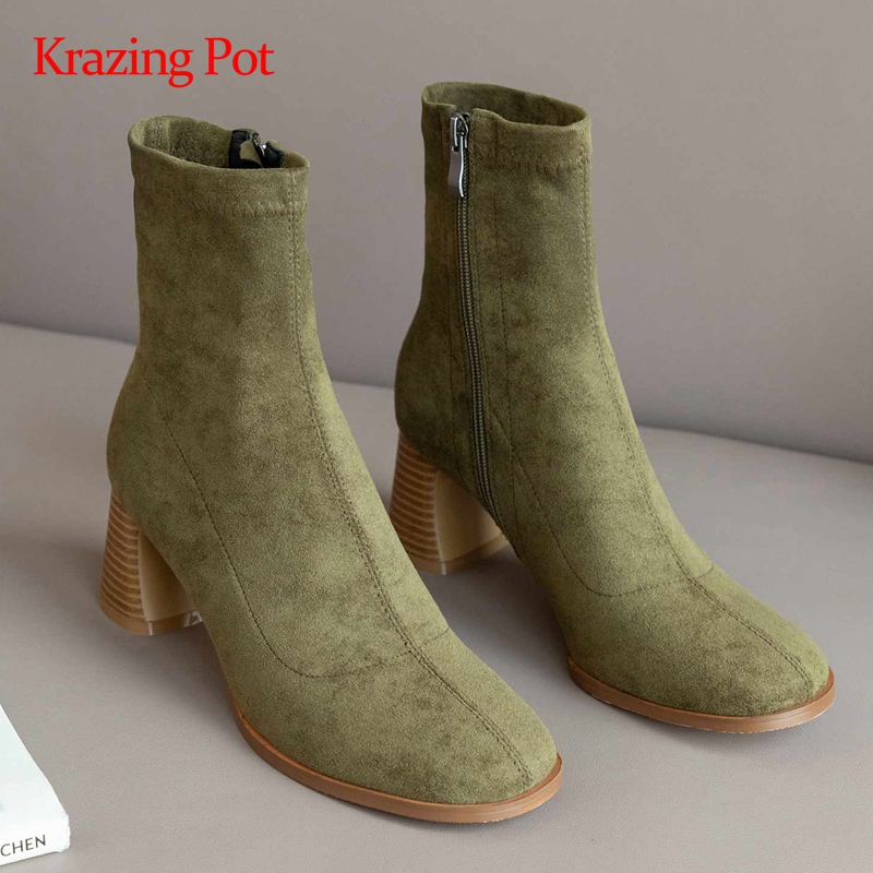 Krazing pot high street fashion flock classic colors modern round toe thick high heel zipper beauty lady catwalk ankle boots L47, Black 
Krazing pot high street fashion flock classic colors modern round toe thick high heel zipper beauty lady catwalk ankle boots L47, Black