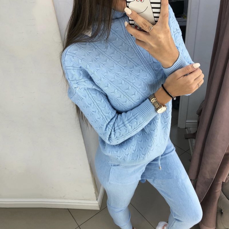 Women's Twist Sweater Pants Suit turtleneck Linen Flower Color Sweaters sweatsuit Suit Autumn Winter Two-Piece Set women outfits