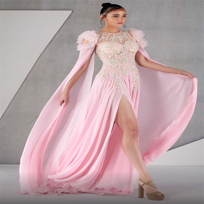Pink Chiffon Prom Dresses Jewel Neck Appliqued Beads Evening Dress Sexy Side-split Plus Size Sweep Train Custom Made Party Dress