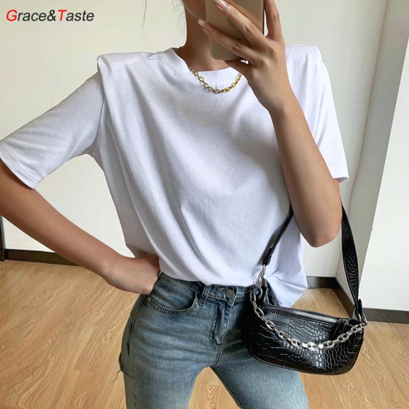 Fashion tee shoulder pads short sleeve T-shirts simple cool silky smooth loose elegant beautiful comfortable autumn tops, White 
Fashion tee shoulder pads short sleeve T-shirts simple cool silky smooth loose elegant beautiful comfortable autumn tops, White