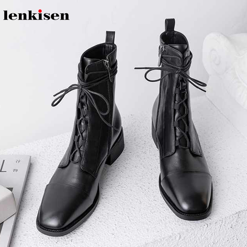 Lenkisen genuine leather vintage British school lace up round toe med heels side Zipper winter warm women new ankle boots L59, Black
Lenkisen genuine leather vintage British school lace up round toe med heels side Zipper winter warm women new ankle boots L59, Black