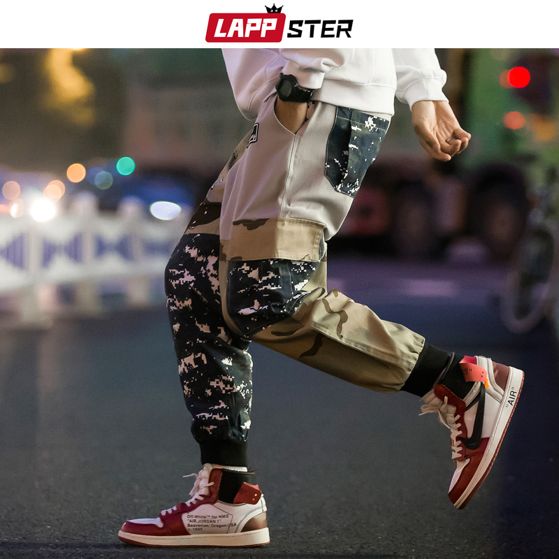 LAPPSTER Men Color Block Cargo Pants Streetwear Hip Hop Harem Pant Ankel Length Camo Pants Patchwork Sweatpants Camouflage 200925