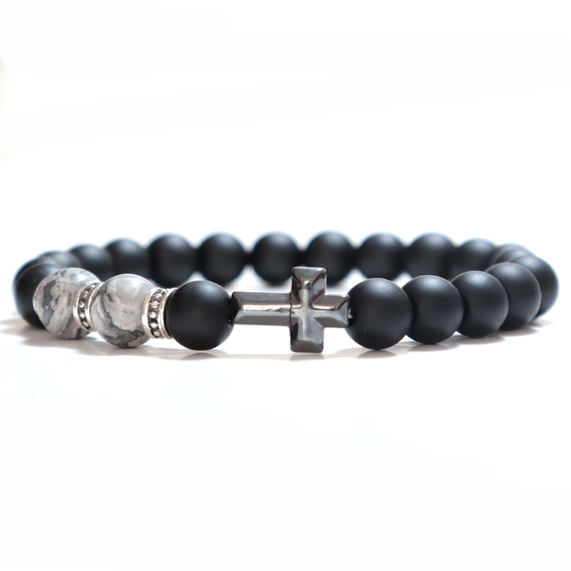 Noter Fashion Men Bracelets Classic Cross Braslet Prayer Beads Natural Map Lava Tiger Eye Braclet Stone Tibetan Brazalete