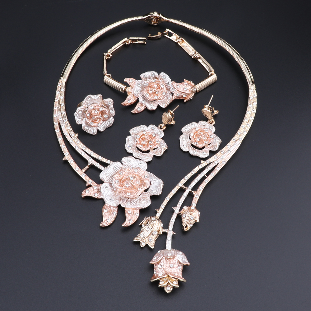 Nigeria Classic Jewelry Sets Elegant Bride Wedding Flower Shape Necklace Earrings Bracelet Ring Set for Dubai Women CX200813