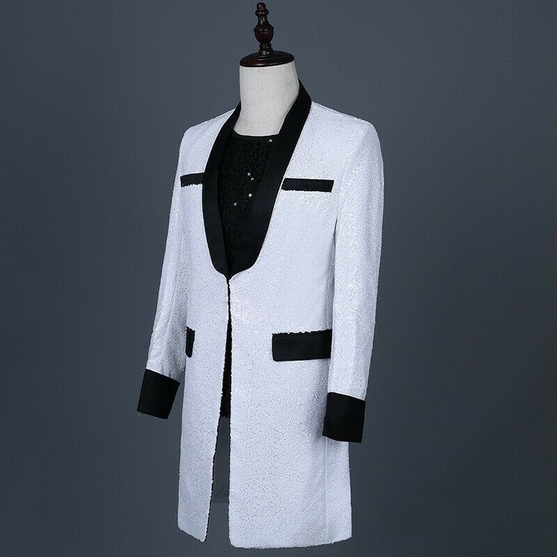 Wedding Groom Tuxedos Sequings White & Black One Piece Mens Coat Magician Performance CostumeTuxedos Cheap Stock XXXL