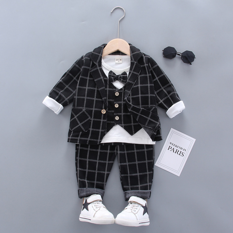 Fashion 2021 3-piece Handsome Men Suit Children Suit With Bow Spring and Autumn Boys Jacket Vest Pant Plaid Suit