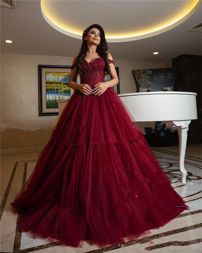 Gorgeous Off Shoulder Burgundy Puffy Prom Dresses A Line Top Beaded Sweet 15 16 Girls Long Quinceanera Dress Formal Evening Gowns