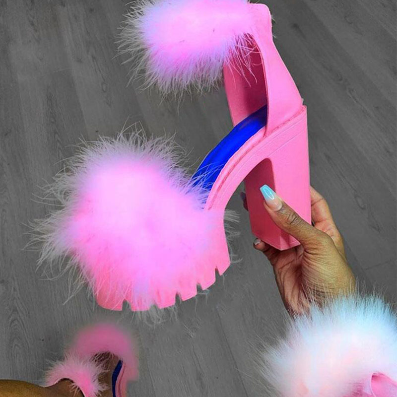 Woman Furry High Heels Pumps Buckle Platform Heels Sandals With Fur Women Square Heel Ankle Strap Open Rubber Party 20201
