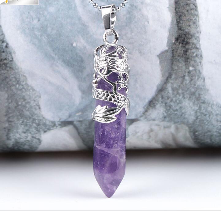 Tribal Totem Dragon Shaped Natural Stone Pendant Necklace Hexagon Aura Bullet Crystal Column Jewelry Couple Necklace LY022