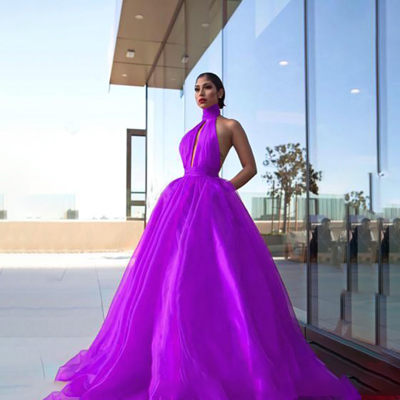 Sexy Open Back Prom Dress Puffy Skirt Halter Neck Long Formal Graduation Evening Dress Party Gown Custom Made vestidos elegantes
