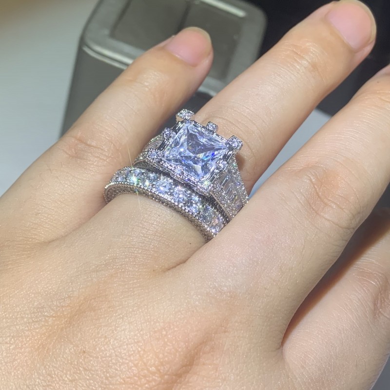 Size 5-10 Vintage Fine Jewelry 925 Sterling Silver Princess Cut Large White Topaz Pave CZ Diamond Gemstones Couple Women Bridal Ring Set