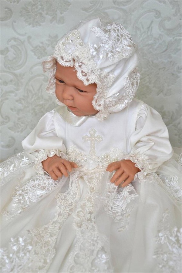 Vintage White Ivory Baby Girls Christening Gown Lace Pearls First Birthday Dress Blessing Outfit Girls Baptism Cloth with Bonnet