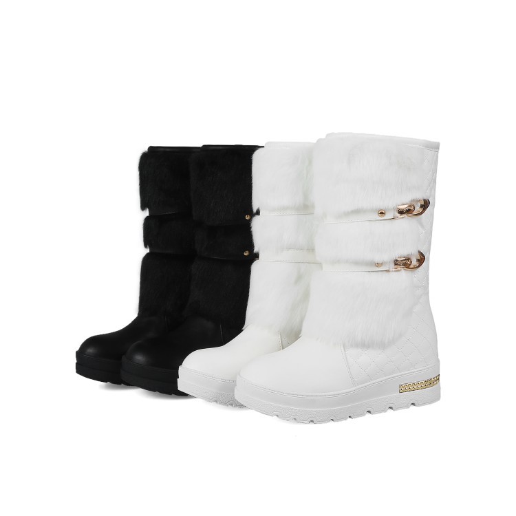 white fur snow boots women double metal chains mid-calf winter boots plaid white leather cozy long plush platform y981
