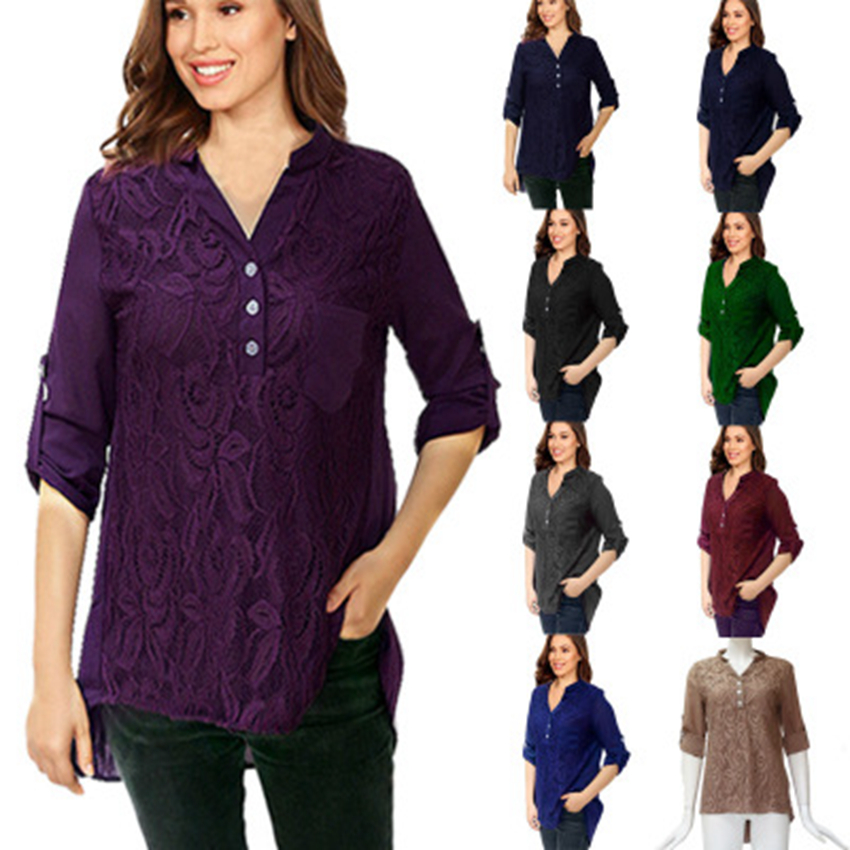 2021 European fashion solid color V-neck long sleeve lace slim shirt red gray green black blue support mixed batch