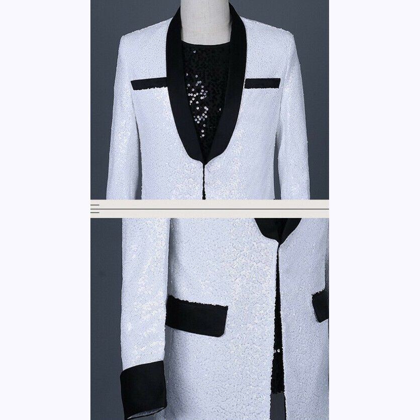 Wedding Groom Tuxedos Sequings White & Black One Piece Mens Coat Magician Performance CostumeTuxedos Cheap Stock XXXL