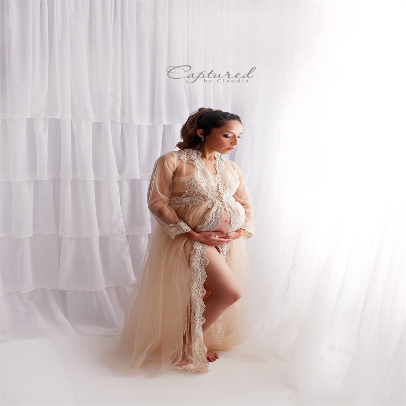 Night Gown Lace Ruched Tulle Bride Sleepwear Robes Long Sleeves Custom Made Pregnant Mother Women Sexy Sleepwear Dresses