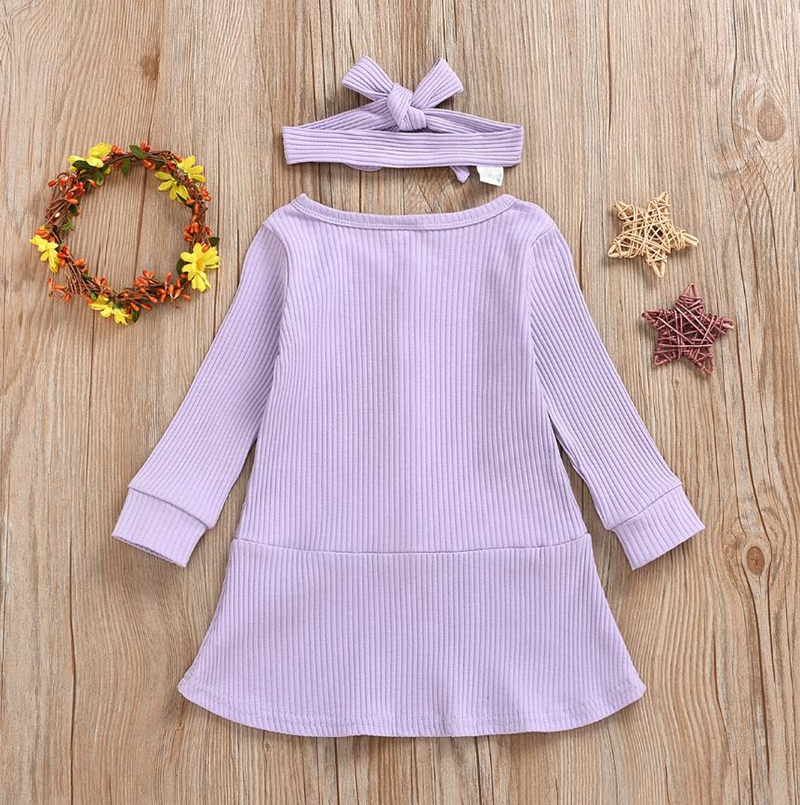 Toddler Girl Clothes Solid Baby Girls Dresses Headband 2pcs Sets Long Sleeve Children Dress Boutique Baby Clothing 3 Colors EW5978