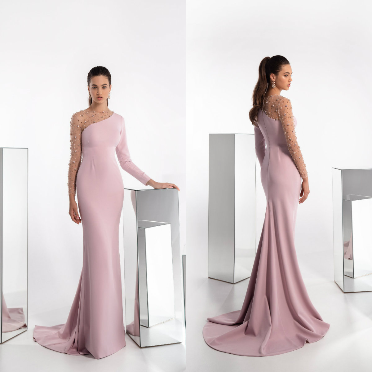 Prom Dresses 2020 Beaded Tulle and Satin Elegant Evening Dresses Long Sleeves Sheath Prom Dresses Vintage Formal Party Robe De Soiree