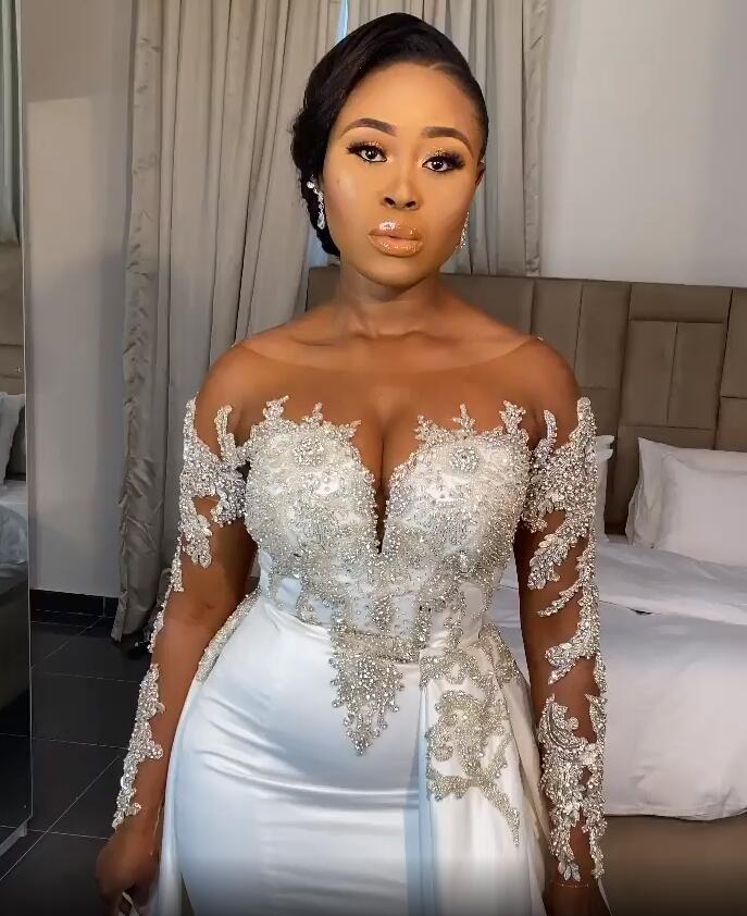 2020 Plus Size Arabic Aso Ebi Luxurious Crystals Lace Wedding Dresses Sheer Neck Mermaid Bridal Dresses High Split Wedding Gowns JJ023