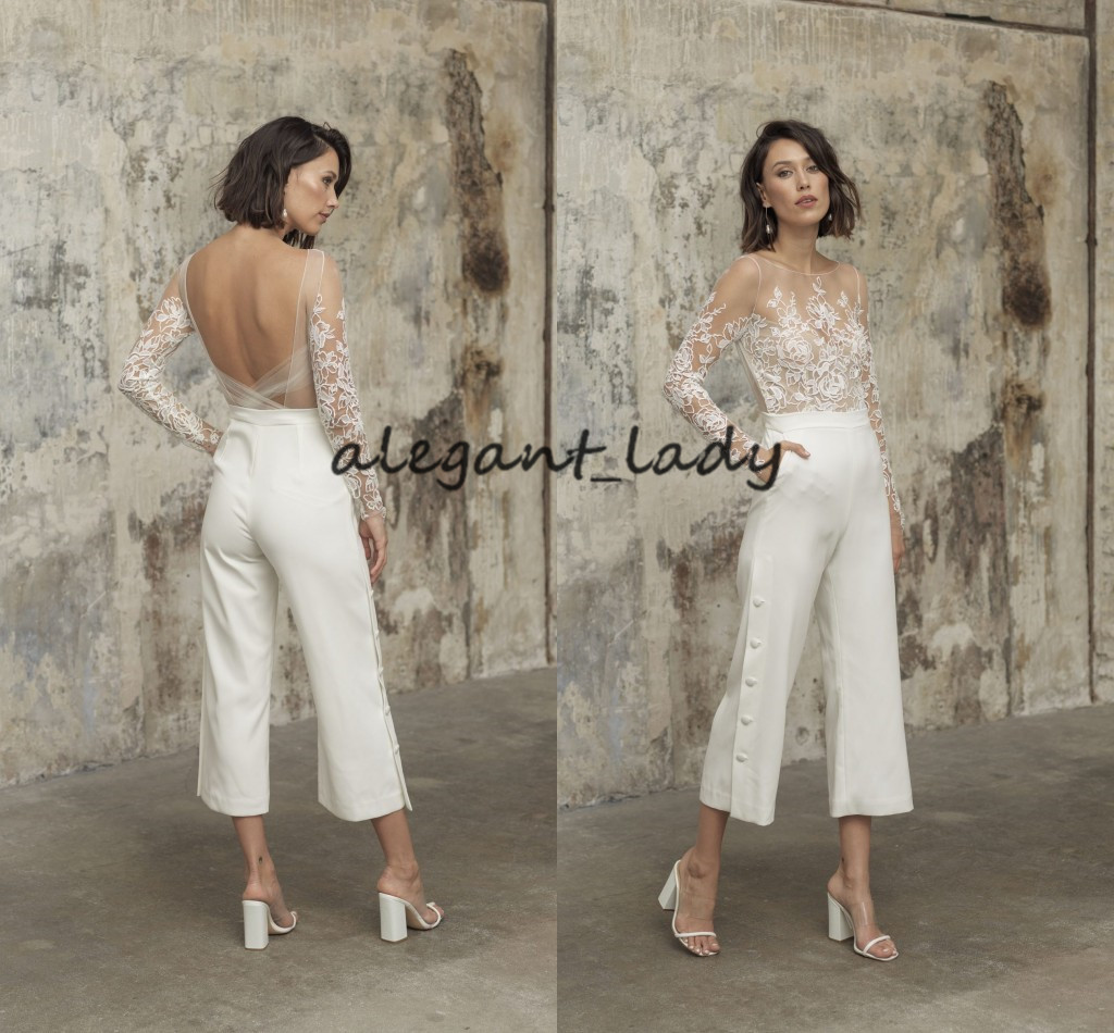 Romantic Bridal Jumpsuit Beach Wedding Dresses Tea Length backless Lace Long Sleeves Outfit Reception Gowns Pant Suit