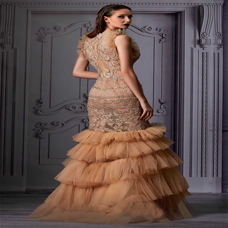 Gold Prom Dresses Luxury Sleeveless Lace Appliqued Tiered Ruffles Evening Dress Sexy Mermaid Party Dress Hot Sale robes de soirée