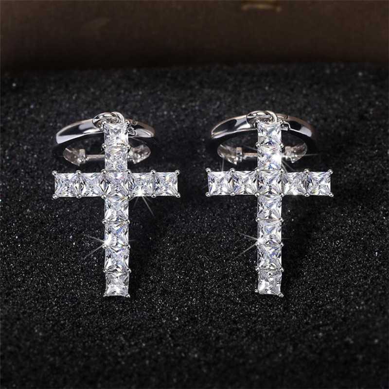 Vintage Sterg Sier Gold Fill Radiant Cut White Topaz Cross Dangle Earrings