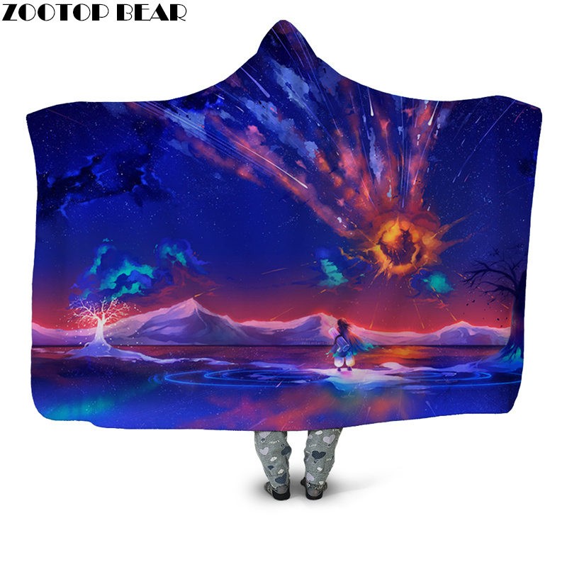 2020 Anime 3D Print Hooded Blanket Youth Popular Fashion Sherpa Throw Blanket Casual Sofa Home Office Bedspread Plush