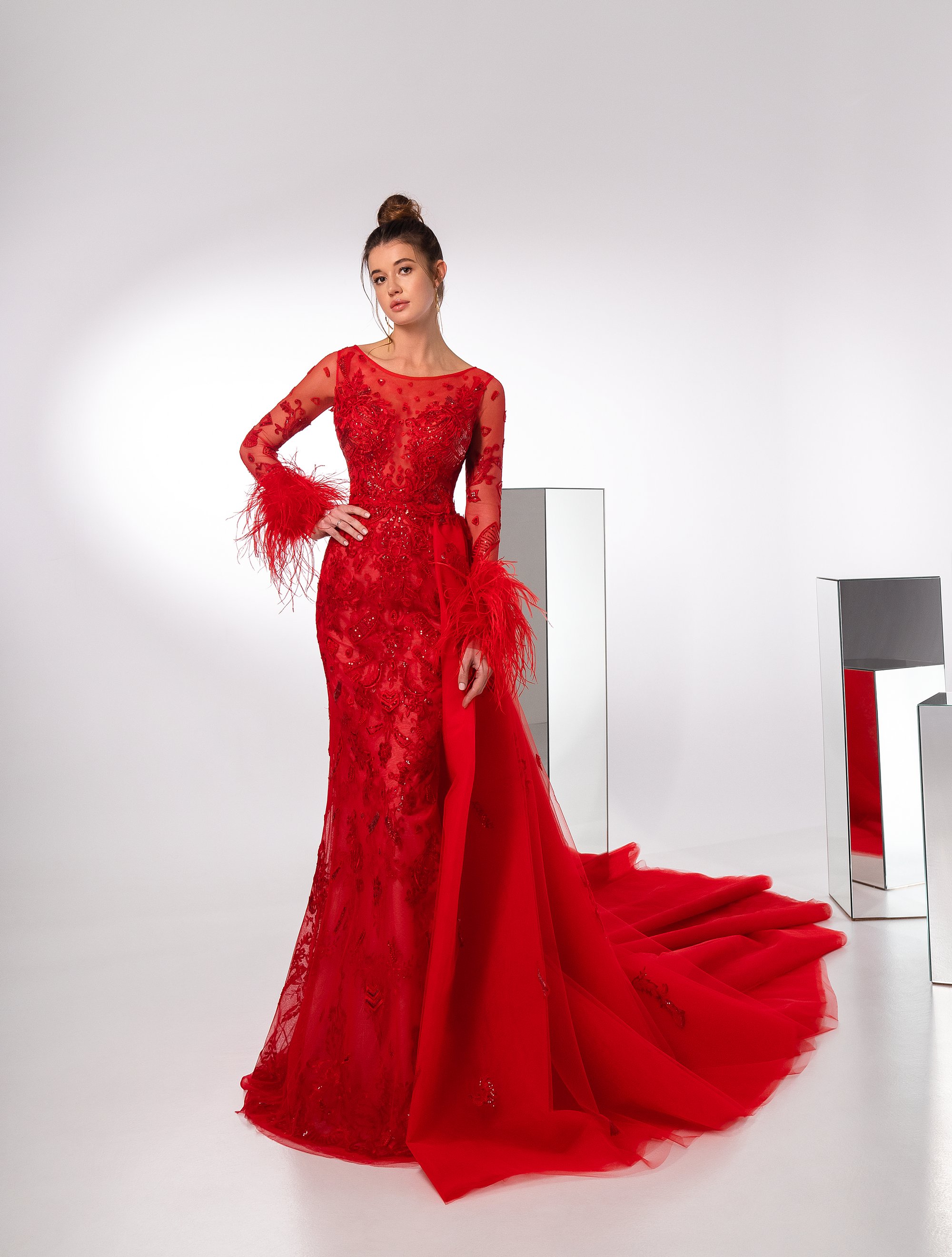 Modest Feather Mermaid Prom Dresses With Detachable Train Full Lace Long Sleeve 2021 Red Formal Evening Gowns Vestidos De Soiree