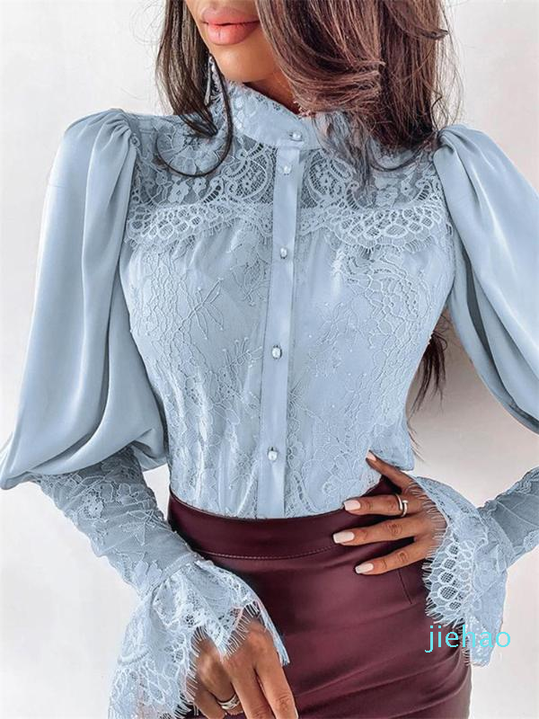 Fashion- Womens Tops and Blouses Elegant long sleeve Lace Shirt Ladies Slim Bodycon blusa feminina Office lady wear Clothes
