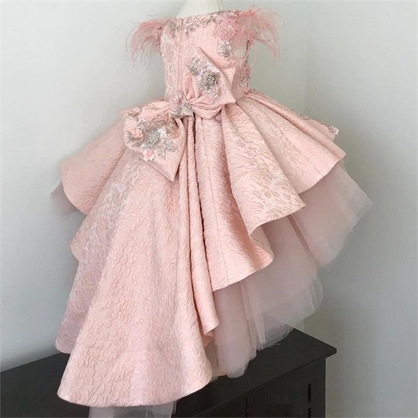 pink feather flower girls dress pageant dresses high low beaded toddler infant clothes little girls birthday gown