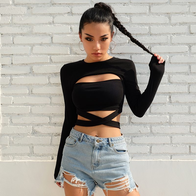 Rapwriter Sexy Hollow Out Waist Cross Cotton Long Sleeve Crop Tees Women Streetwear ONeck Skinny Skinny TShirt feminina