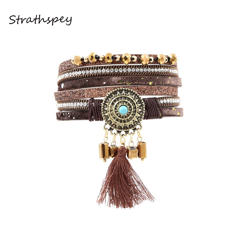 STRATHSPEY Multilayer Leather Bracelet Antique Wool Tassels Rhinestone Charms Magnetic Bangle Bracelet Women Jewelry Brown Color
STRATHSPEY Multilayer Leather Bracelet Antique Wool Tassels Rhinestone Charms Magnetic Bangle Bracelet Women Jewelry Brown Color
