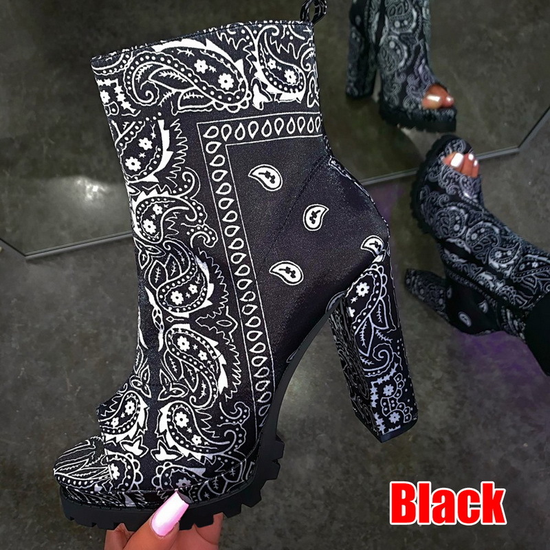 Totem Printing Fashion Ankle Boots For Women Thick Heels Autumn Winter Flock Platform Shoes High Heels Zipper Ladies Boots Red