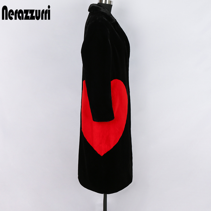 Nerazzurri winter black long faux fur coat with red love hearts long sleeve notched lapel plus size warm fluffy jacket 5xl 6xl