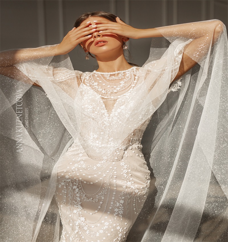 Glitter Anna Kuznetcova 2020 Mermaid Wedding Dresses With Wrap Appliqued Lace Tiered Bridal Gowns Custom Made Long Wedding Dress