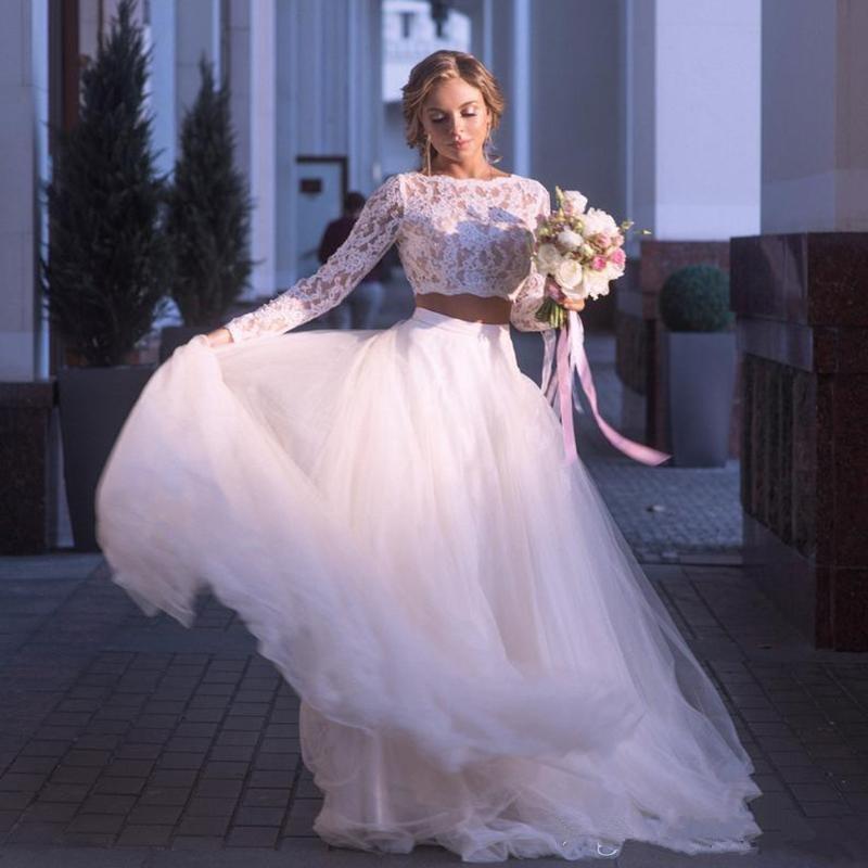 2020 Boho 2 Pieces Wedding Dress Illusion Lace Top Long Sleeve Country Wedding Dress Tulle Skirt A Line Sweep Train Bridal Gowns