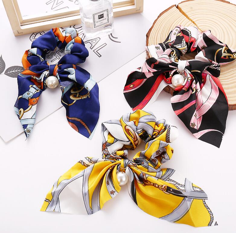 2020 New Chiffon Bowknot Silk Scrunchies Women Pearl Ponytail Holder Tie Hair Rope Rubber Bands Accessories GD555
