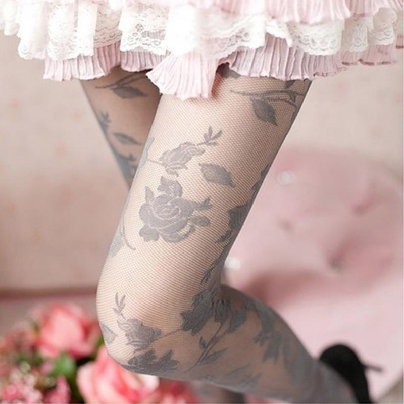 Socks & Hosiery Sexy Rose Tights Women Collant Femme Thin Sheer Pantyhose Hollow Out Tattoo Medias Fantaisie