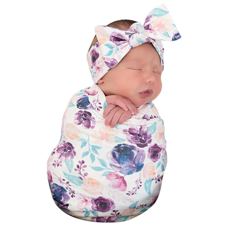 Newborn Baby Boy Girl Printed Crib Sleeping Bag Baby Wrap Swaddle Clothes Set New Born Photography Receiving Blankets Floral @35