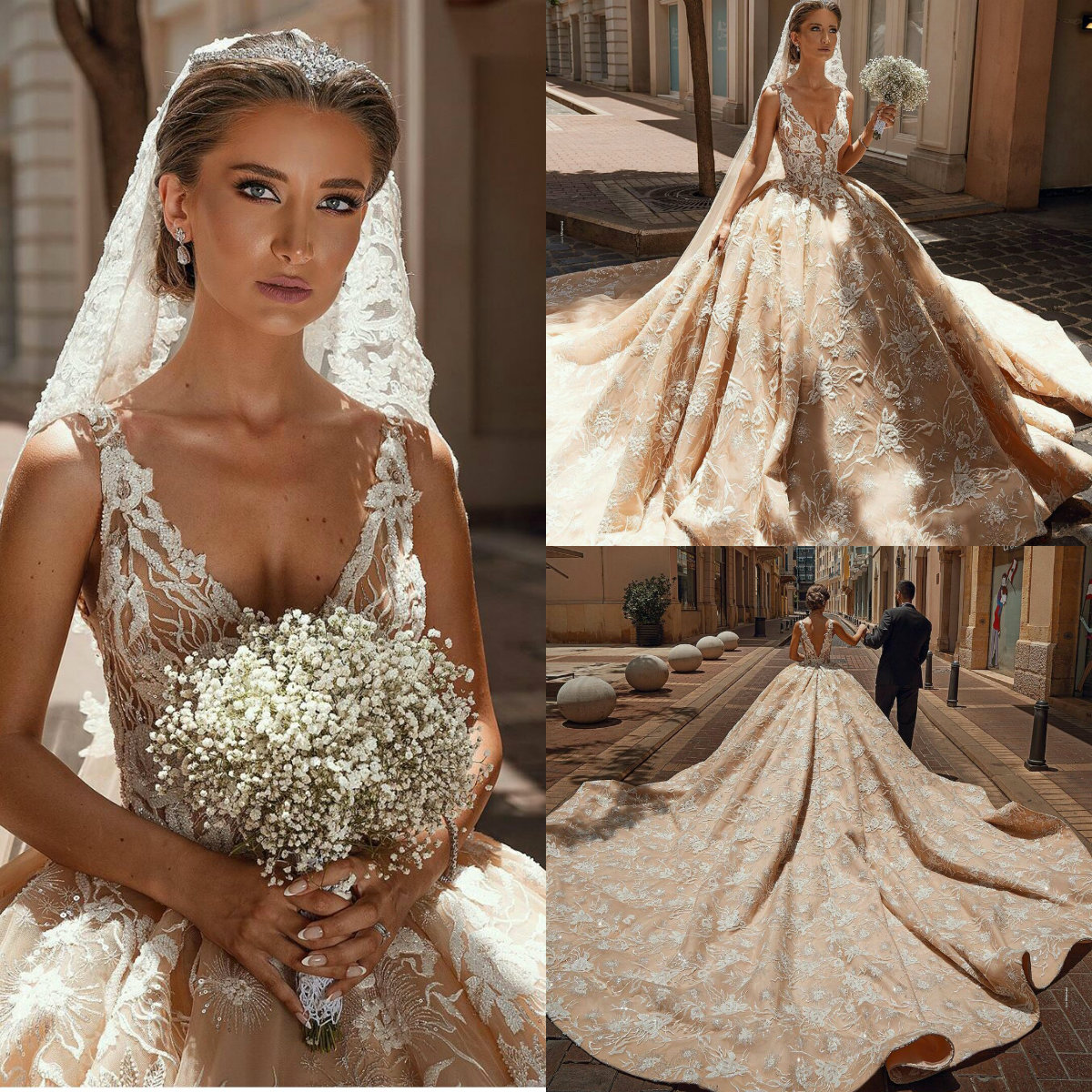 Luxury Cathedral Length Wedding Dresses Champagne Lace Appliqued Deep V Neck Bridal Gowns Plus Size 2021 vestido de novia