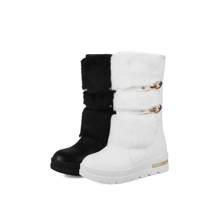 white fur snow boots women double metal chains mid-calf winter boots plaid white leather cozy long plush platform y981