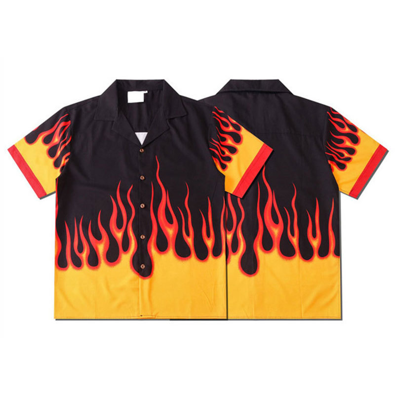 2020 Hip hop Harajuku Couples Wear Summer Casual Men Women Shirts flame Print Street wear Loose Short Sleeve Shirt StreetWear LJ200925