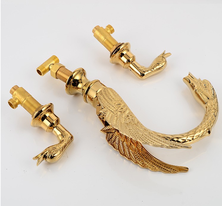 Soild Copper Gold Finish Bathroom Faucet Golden Swan Shape Basin Tap Dual Handle Deck Mount