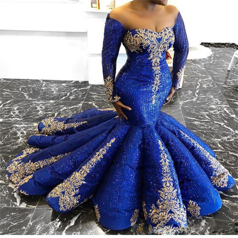 Glitter Sequins Beads Evening Dresses 2021 Appliqued Mermaid Blue Long Sleeves Prom Dress Plus Size Sexy Formal Party Guest Wears