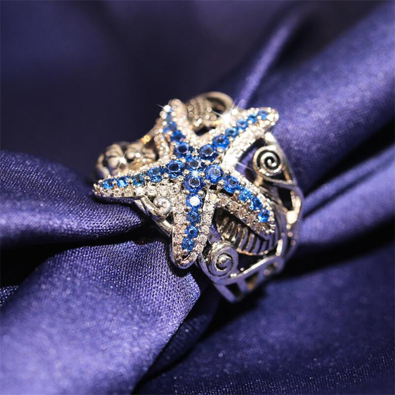New Arrival Vintage Jewelry 925 Sterling Silver Blue Sapphire CZ Diamond Gemstones Neptune Party Women Wedding Engagement Band Ring Gift
