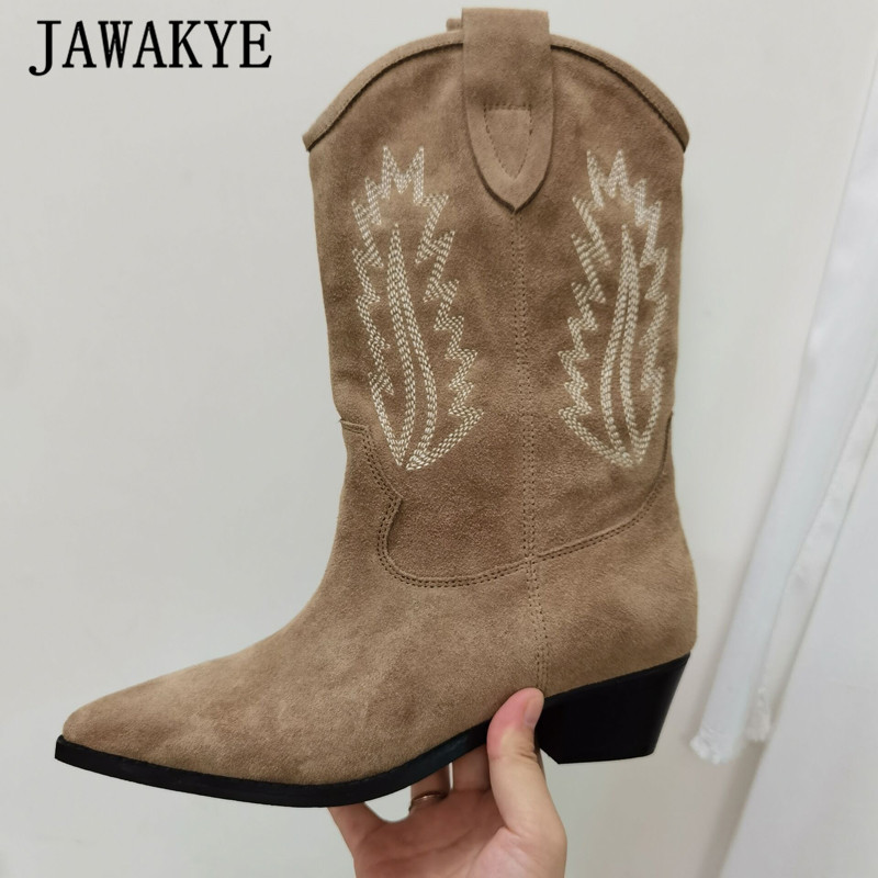 Retro Suede Embroidered Mid Calf Boots Women Pointed Toe Square Kitten Heels Winter Snow Boots Flat Western Cowboy Knight, Nude
Retro Suede Embroidered Mid Calf Boots Women Pointed Toe Square Kitten Heels Winter Snow Boots Flat Western Cowboy Knight, Nude