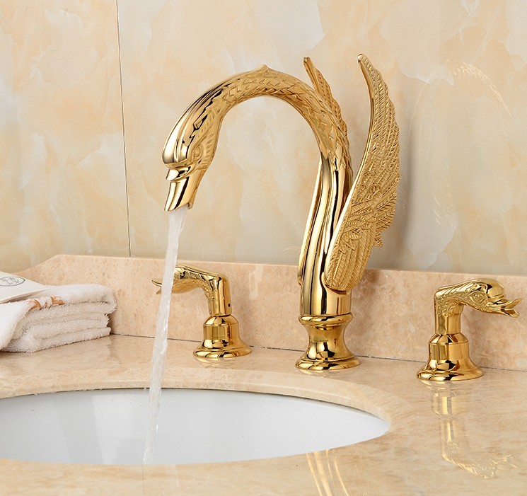 Soild Copper Gold Finish Bathroom Faucet Golden Swan Shape Basin Tap Dual Handle Deck Mount