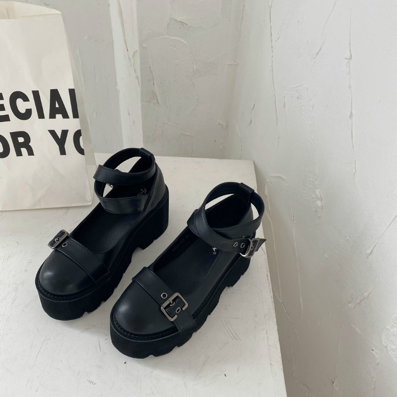 Boussac Chunky Heel Platform Mary Jane Shoes Women Black Punk Buckle Deco Goth Lolita Shoes Women Round Toe Platform Heels
