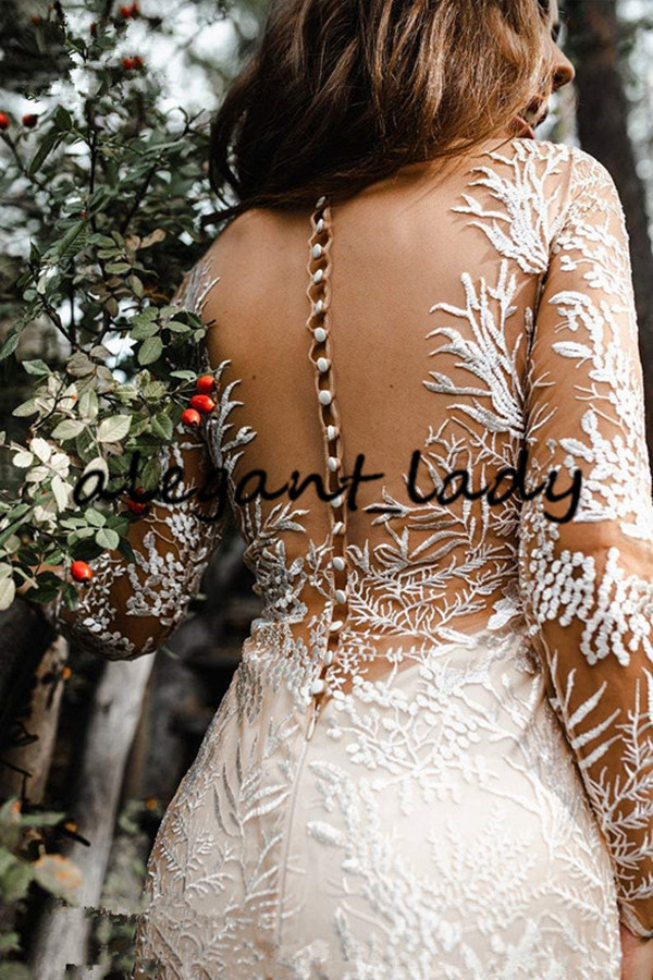 Forest Nude Champagne Mermaid Wedding Dresses 2021 V-neck Lace Applique Bohemian rustic country wedding gowns bestidos de novias